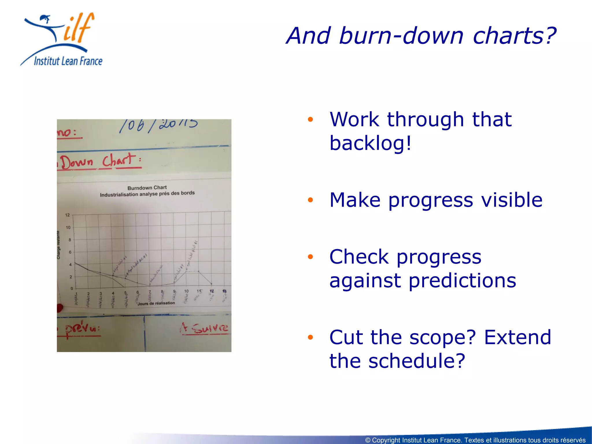 And burn-down charts?

• Work through that
backlog!
• Make progress visible
• Check progress
against predictions
• Cut the scope? Extend
the schedule?

© Copyright Institut Lean France. Textes et illustrations tous droits réservés

 