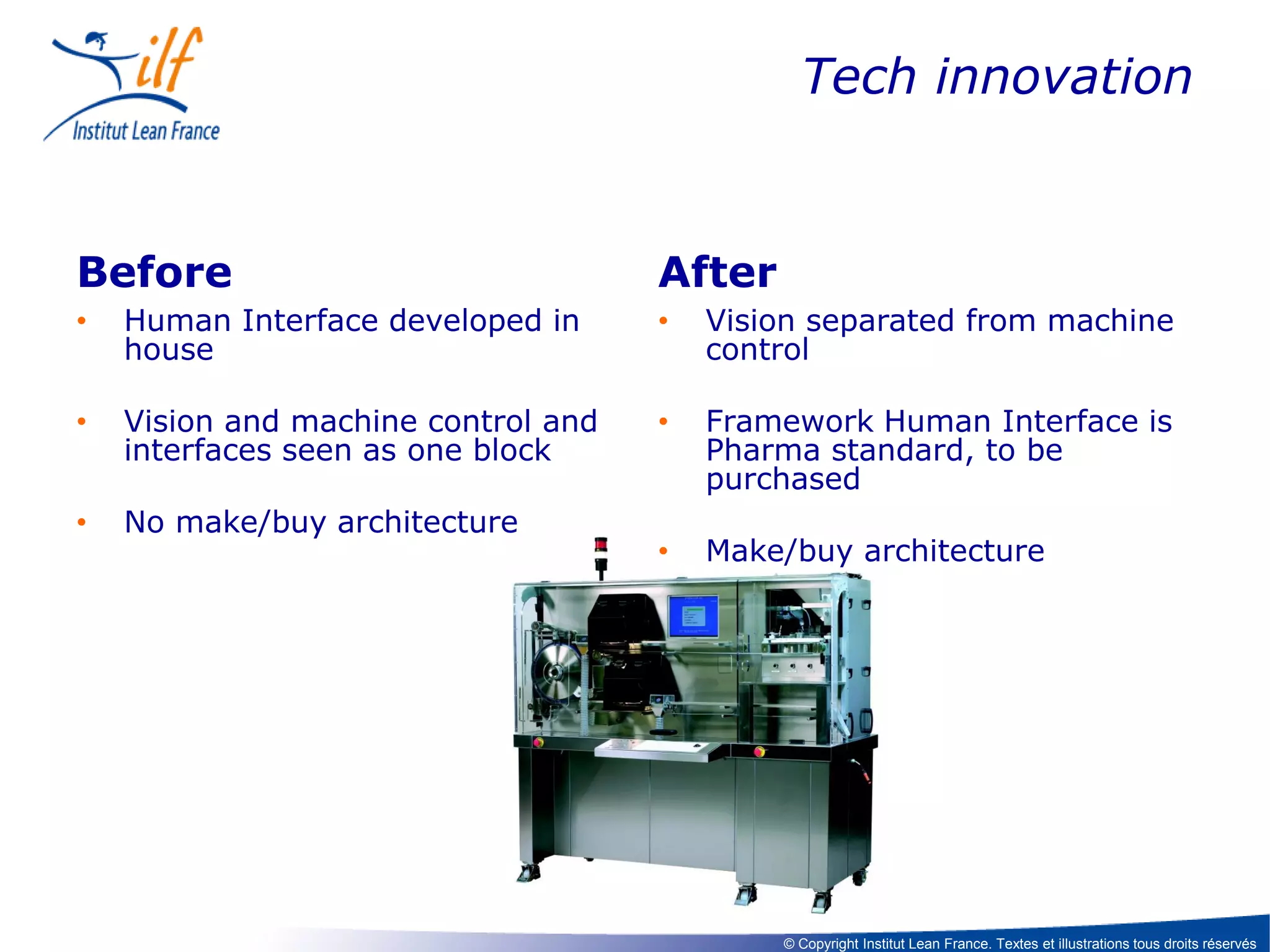 Tech innovation

Before

After

•

Human Interface developed in
house

•

Vision separated from machine
control

•

Vision and machine control and
interfaces seen as one block

•

Framework Human Interface is
Pharma standard, to be
purchased

•

No make/buy architecture

•

Make/buy architecture

© Copyright Institut Lean France. Textes et illustrations tous droits réservés

 