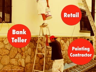 Retail
Bank
Teller
Painting
Contractor
https://www.ﬂickr.com/photos/28430977@N07/14625657953/
 
