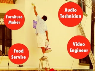 Furniture
Maker
Audio
Technician
Video
EngineerFood
Service
https://www.ﬂickr.com/photos/28430977@N07/14625657953/
 