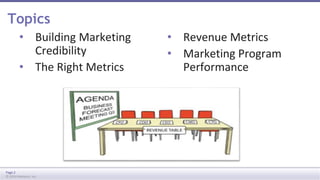 Topics 
• Building Marketing 
Credibility 
• The Right Metrics 
Page 2 
© 2014 Marketo, Inc. 
• Revenue Metrics 
• Marketing Program 
Performance 
 