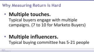 Why Measuring Return is Hard 
• Multiple touches. 
Typical buyers engage with multiple 
campaigns. (7 to 10 for Marketo Buyers) 
• Multiple influencers. 
Typical buying committee has 5-21 people 
Page 20 
© 2014 Marketo, Inc. 
 
