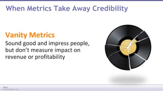 When Metrics Take Away Credibility 
Vanity Metrics 
Sound good and impress people, 
but don’t measure impact on 
revenue or profitability 
Page 4 
© 2014 Marketo, Inc. 
 