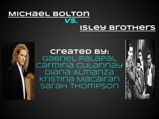 Michael Bolton
          vs.
              Isley Brothers


         Created by:
       Gabriel Palapal
     Carmina Culannay
       Diana Almanza
      Kristina Macairan
      Sarah Thompson
 