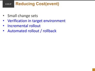 Reducing Cost(event)
• Small change sets
• Verification in target environment
• Incremental rollout
• Automated rollout / rollback
 