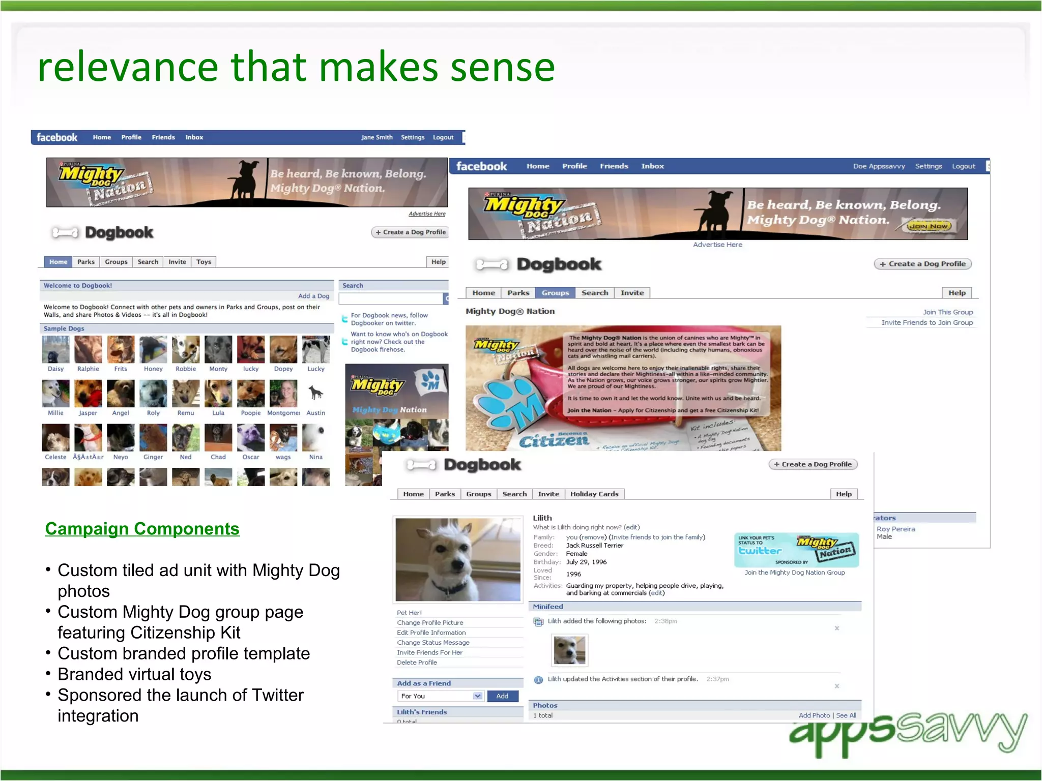 relevance that makes sense  Campaign Components Custom tiled ad unit with Mighty Dog photos Custom Mighty Dog group page featuring Citizenship Kit Custom branded profile template Branded virtual toys Sponsored the launch of Twitter integration 