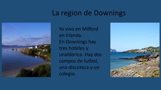 La region de Downings 
Yo vivo en Milford 
en Irlanda. 
En Downings hay 
tres hoteles y 
unafábrica. Hay dos 
campos de futbol, 
una discoteca y un 
colegio. 
 