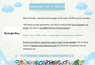 Millennials <33, b. 1980-00

Maria Chevalier, corporate travel manager at HP, study 100,000 business travellers.
“With the...