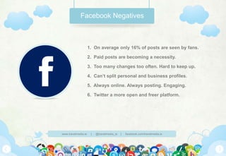 Facebook Negatives

1. On average only 16% of posts are seen by fans.
2. Paid posts are becoming a necessity.

3. Too many...