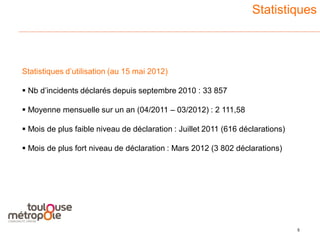 Statistiques



Statistiques d’utilisation (au 15 mai 2012)

 Nb d’incidents déclarés depuis septembre 2010 : 33 857

 Moyenne mensuelle sur un an (04/2011 – 03/2012) : 2 111,58

 Mois de plus faible niveau de déclaration : Juillet 2011 (616 déclarations)

 Mois de plus fort niveau de déclaration : Mars 2012 (3 802 déclarations)




                                                                                5
                                                                                    3
 