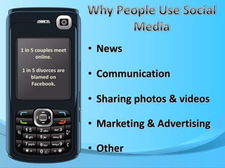 News Communication Sharing photos & videos Marketing & Advertising Other 1 in 5 couples meet online. 1 in 5 divorces are blamed on Facebook. 
