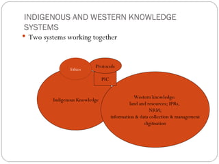 INDIGENOUS AND WESTERN KNOWLEDGE SYSTEMS Two systems working together Indigenous Knowledge Western knowledge:  land and resources; IPRs,  NRM; information & data collection & management digitisation PIC Protocols Ethics 