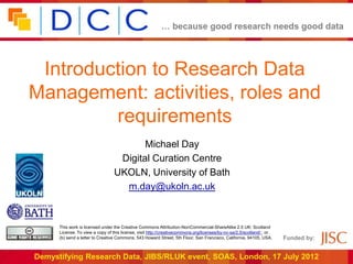 … because good research needs good data




 Introduction to Research Data
Management: activities, roles and
         requirements
                                         Michael Day
                                   Digital Curation Centre
                                  UKOLN, University of Bath
                                    m.day@ukoln.ac.uk


      This work is licensed under the Creative Commons Attribution-NonCommercial-ShareAlike 2.5 UK: Scotland
      License. To view a copy of this license, visit http://creativecommons.org/licenses/by-nc-sa/2.5/scotland/ ; or,
      (b) send a letter to Creative Commons, 543 Howard Street, 5th Floor, San Francisco, California, 94105, USA.       Funded by:


Demystifying Research Data, JIBS/RLUK event, SOAS, London, 17 July 2012
 