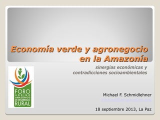 Economía verde y agronegocio
en la Amazonía
sinergias económicas y
contradicciones socioambientales
Michael F. Schmidlehner
michael@amazonlink.org
18 septiembre 2013, La Paz
 