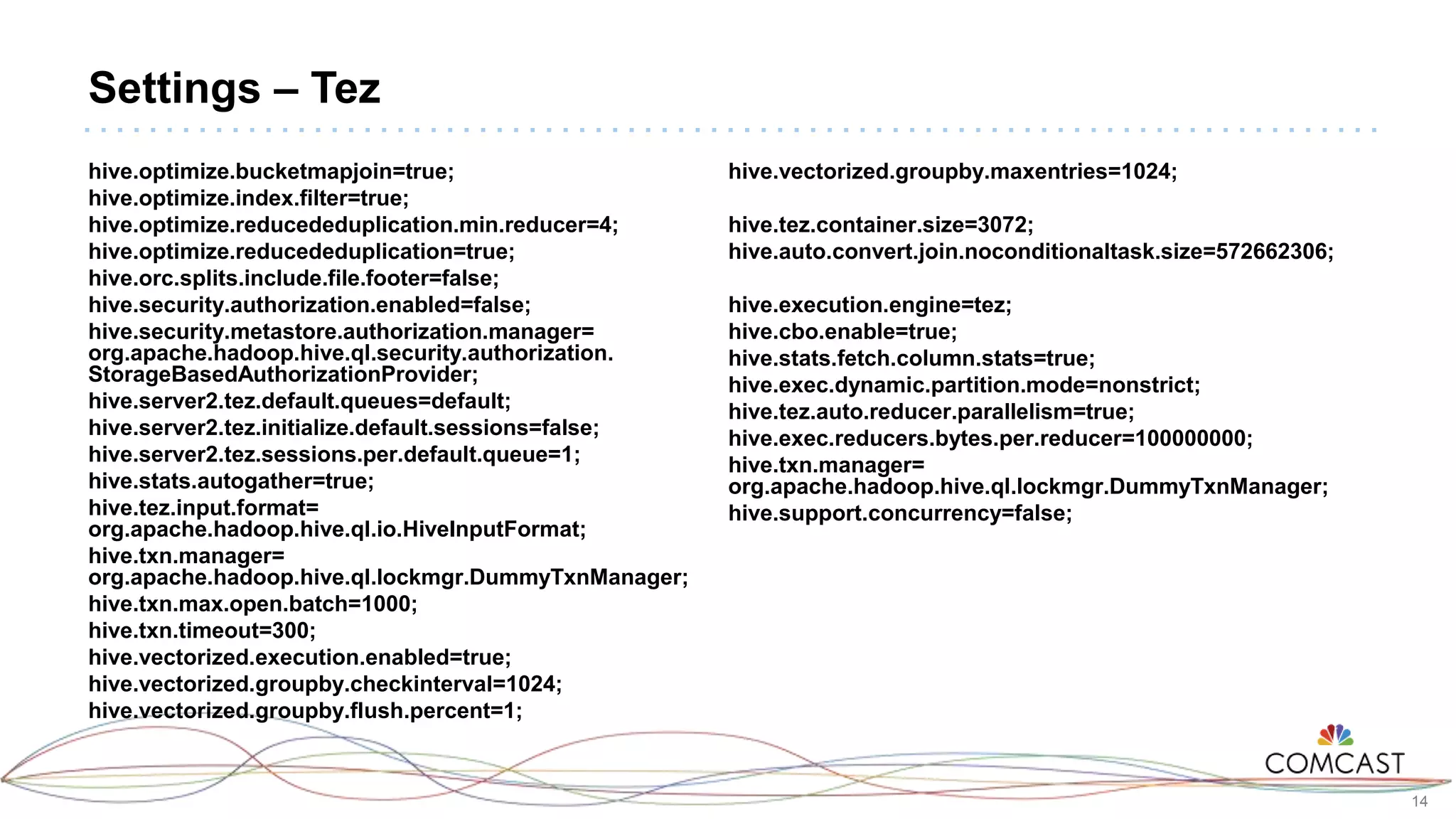 14
Settings – Tez
hive.optimize.bucketmapjoin=true;
hive.optimize.index.filter=true;
hive.optimize.reducededuplication.min.reducer=4;
hive.optimize.reducededuplication=true;
hive.orc.splits.include.file.footer=false;
hive.security.authorization.enabled=false;
hive.security.metastore.authorization.manager=
org.apache.hadoop.hive.ql.security.authorization.
StorageBasedAuthorizationProvider;
hive.server2.tez.default.queues=default;
hive.server2.tez.initialize.default.sessions=false;
hive.server2.tez.sessions.per.default.queue=1;
hive.stats.autogather=true;
hive.tez.input.format=
org.apache.hadoop.hive.ql.io.HiveInputFormat;
hive.txn.manager=
org.apache.hadoop.hive.ql.lockmgr.DummyTxnManager;
hive.txn.max.open.batch=1000;
hive.txn.timeout=300;
hive.vectorized.execution.enabled=true;
hive.vectorized.groupby.checkinterval=1024;
hive.vectorized.groupby.flush.percent=1;
hive.vectorized.groupby.maxentries=1024;
hive.tez.container.size=3072;
hive.auto.convert.join.noconditionaltask.size=572662306;
hive.execution.engine=tez;
hive.cbo.enable=true;
hive.stats.fetch.column.stats=true;
hive.exec.dynamic.partition.mode=nonstrict;
hive.tez.auto.reducer.parallelism=true;
hive.exec.reducers.bytes.per.reducer=100000000;
hive.txn.manager=
org.apache.hadoop.hive.ql.lockmgr.DummyTxnManager;
hive.support.concurrency=false;
 