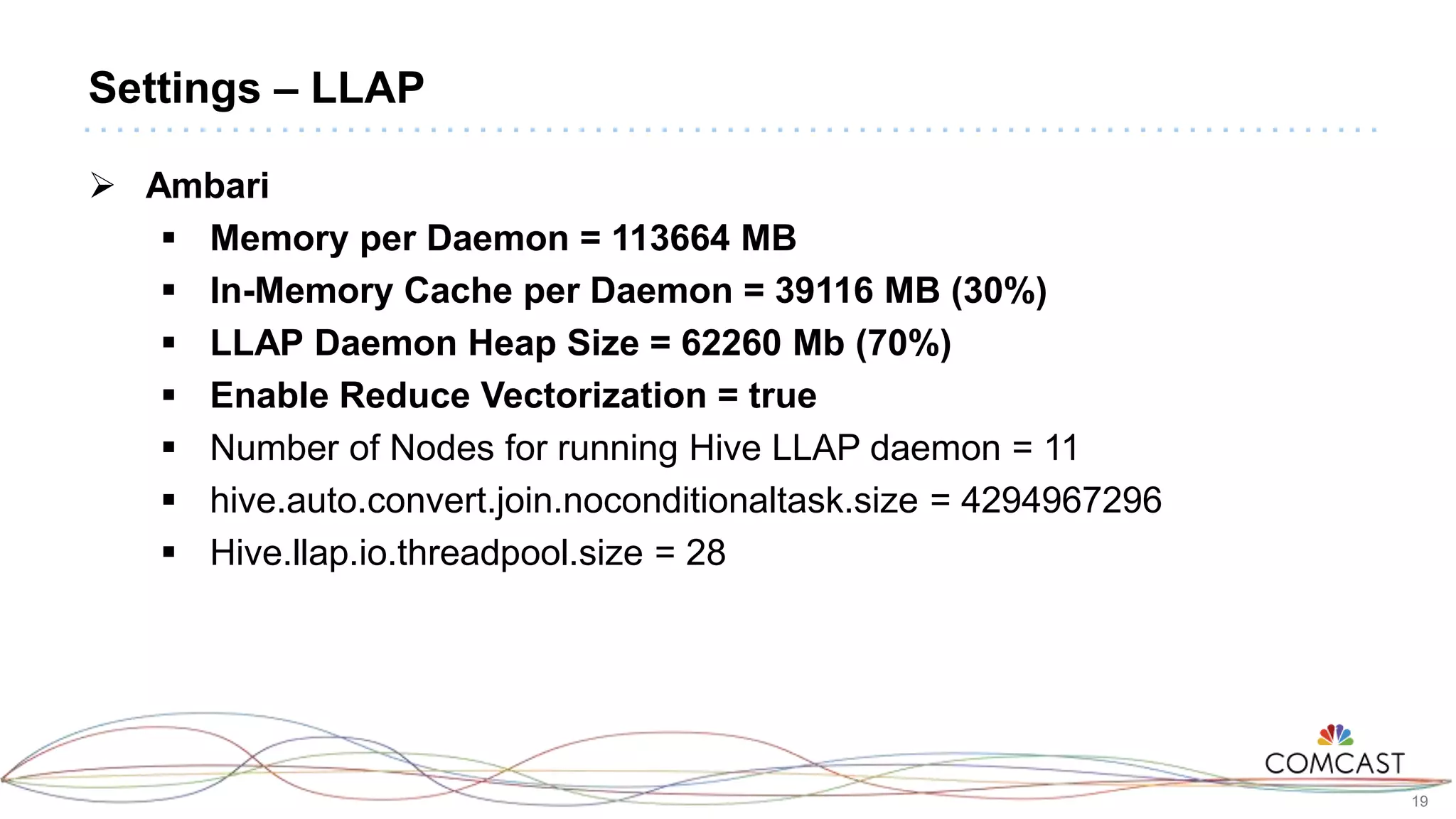 19
Settings – LLAP
 Ambari
 Memory per Daemon = 113664 MB
 In-Memory Cache per Daemon = 39116 MB (30%)
 LLAP Daemon Heap Size = 62260 Mb (70%)
 Enable Reduce Vectorization = true
 Number of Nodes for running Hive LLAP daemon = 11
 hive.auto.convert.join.noconditionaltask.size = 4294967296
 Hive.llap.io.threadpool.size = 28
 