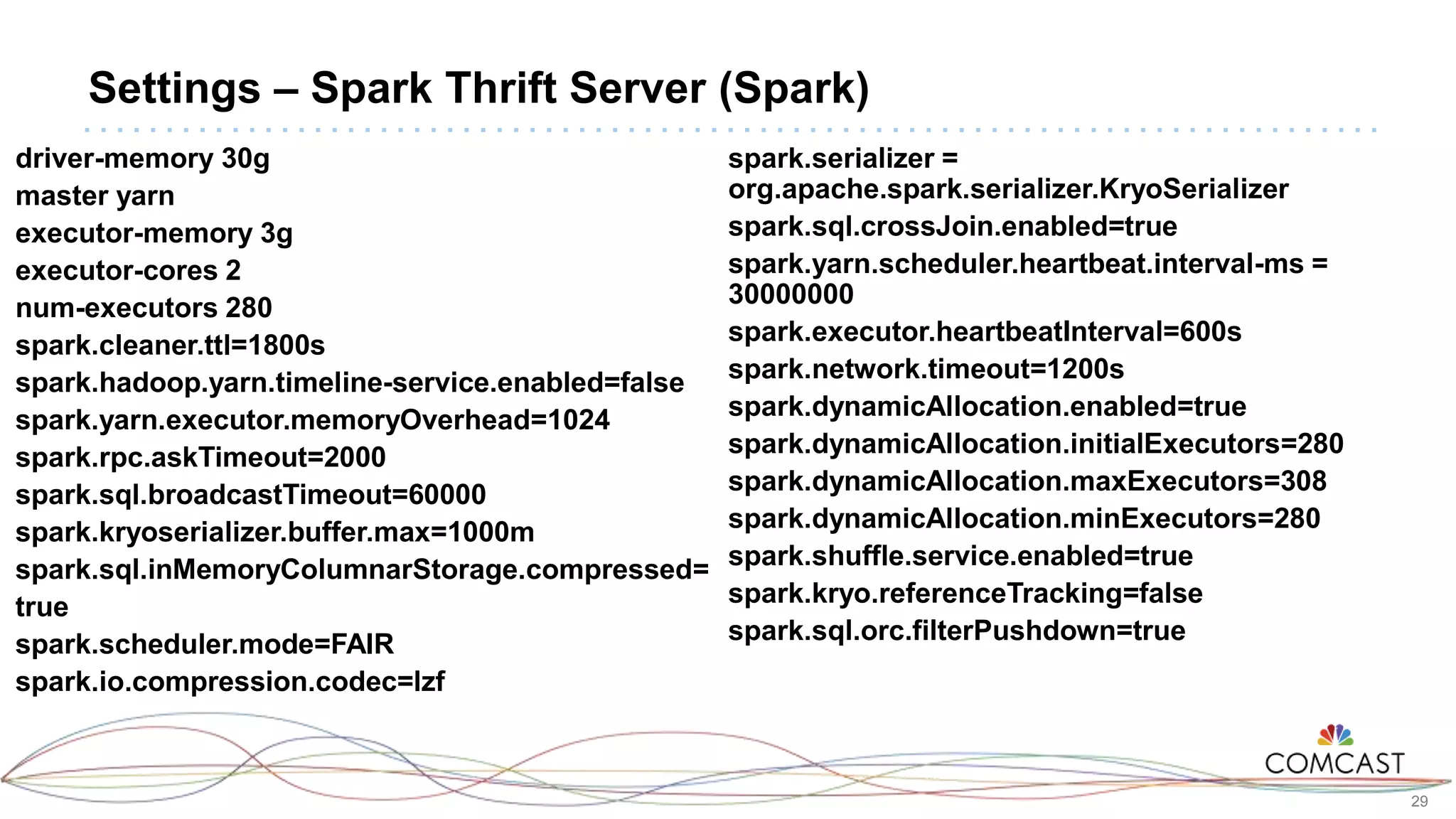 29
Settings – Spark Thrift Server (Spark)
driver-memory 30g
master yarn
executor-memory 3g
executor-cores 2
num-executors 280
spark.cleaner.ttl=1800s
spark.hadoop.yarn.timeline-service.enabled=false
spark.yarn.executor.memoryOverhead=1024
spark.rpc.askTimeout=2000
spark.sql.broadcastTimeout=60000
spark.kryoserializer.buffer.max=1000m
spark.sql.inMemoryColumnarStorage.compressed=
true
spark.scheduler.mode=FAIR
spark.io.compression.codec=lzf
spark.serializer =
org.apache.spark.serializer.KryoSerializer
spark.sql.crossJoin.enabled=true
spark.yarn.scheduler.heartbeat.interval-ms =
30000000
spark.executor.heartbeatInterval=600s
spark.network.timeout=1200s
spark.dynamicAllocation.enabled=true
spark.dynamicAllocation.initialExecutors=280
spark.dynamicAllocation.maxExecutors=308
spark.dynamicAllocation.minExecutors=280
spark.shuffle.service.enabled=true
spark.kryo.referenceTracking=false
spark.sql.orc.filterPushdown=true
 
