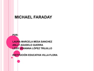 MICHAEL FARADAY



POR:

LAURA MARCELA MESA SANCHEZ
ANLLY AGUDELO GUERRA
LEIDY JOHANNA LÓPEZ TRUJILLO

INSTITUCIÓN EDUCATIVA VILLA FLORA
 