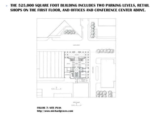  THE 525,000 SQUARE FOOT BUILDING INCLUDES TWO PARKING LEVELS, RETAIL
SHOPS ON THE FIRST FLOOR, AND OFFICES AND CONFERENCE CENTER ABOVE.
FIGURE 7: SITE PLAN
http//:www.michaelgraves.com
 