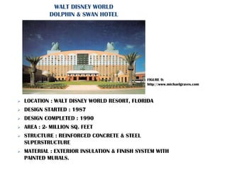 WALT DISNEY WORLD
DOLPHIN & SWAN HOTEL
 LOCATION : WALT DISNEY WORLD RESORT, FLORIDA
 DESIGN STARTED : 1987
 DESIGN COMPLETED : 1990
 AREA : 2- MILLION SQ. FEET
 STRUCTURE : REINFORCED CONCRETE & STEEL
SUPERSTRUCTURE
 MATERIAL : EXTERIOR INSULATION & FINISH SYSTEM WITH
PAINTED MURALS.
FIGURE 9:
http//:www.michaelgraves.com
 