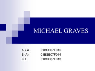 MICHAEL GRAVES
A.k.A 01BSB07F015
ShAh 01BSB07F014
ZuL 01BSB07F013
 