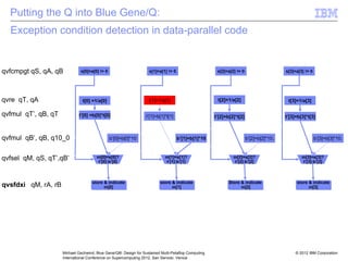 © 2012 IBM Corporation
Michael Gschwind, Blue Gene/Q®: Design for Sustained Multi-Petaflop Computing
International Conference on Supercomputing 2012, San Servolo, Venice
store m[0] store m[1] store m[2] store m[3]
Exception condition detection in data-parallel code
b’[0]=b[0]*10
s[0]=a[0] != 0
m[0]=s[0]?
t’[0]:b’[0]
b’[1]=b[1]*10
s[1]=a[1] != 0
m[1]=s[1]?
t’[1]:b’[1]
b’[2]=b[2]*10;
s[2]=a[2] != 0
m[2]=s[2]?
t’[2]:b’[2]
b’[3]=b[3]*10;
s[3]=a[3] != 0
m[3]=s[3]?
t’[3]:b’[3]
t’[0] =b[0]*t[0] t’[1]=b[1]*t[1] t’[3]=b[3]*t[3]
t’[2]=b[2]*t[2]
qvfcmpgt qS, qA, qB
qvre qT, qA t[0] =1/a[0] t[1]=1/a[1] t[2]=1/a[2] t[3]=1/a[3]
qvfmul qT’, qB, qT
qvfmul qB’, qB, q10_0
qvfsel qM, qS, qT’,qB’
qvstfdx qM, rA, rB store & indicate
m[0]
store & indicate
m[1]
Store & indicate
m[2]
store & indicate
m[3]
qvsfdxi qM, rA, rB
Putting the Q into Blue Gene/Q:
 