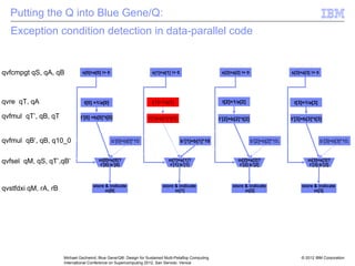 © 2012 IBM Corporation
Michael Gschwind, Blue Gene/Q®: Design for Sustained Multi-Petaflop Computing
International Conference on Supercomputing 2012, San Servolo, Venice
Exception condition detection in data-parallel code
b’[0]=b[0]*10
s[0]=a[0] != 0
m[0]=s[0]?
t’[0]:b’[0]
b’[1]=b[1]*10
s[1]=a[1] != 0
m[1]=s[1]?
t’[1]:b’[1]
b’[2]=b[2]*10;
s[2]=a[2] != 0
m[2]=s[2]?
t’[2]:b’[2]
b’[3]=b[3]*10;
s[3]=a[3] != 0
m[3]=s[3]?
t’[3]:b’[3]
t’[0] =b[0]*t[0] t’[1]=b[1]*t[1] t’[3]=b[3]*t[3]
t’[2]=b[2]*t[2]
qvfcmpgt qS, qA, qB
qvre qT, qA t[0] =1/a[0] t[1]=1/a[1] t[2]=1/a[2] t[3]=1/a[3]
qvfmul qT’, qB, qT
qvfmul qB’, qB, q10_0
qvfsel qM, qS, qT’,qB’
qvstfdxi qM, rA, rB store & indicate
m[0]
store & indicate
m[1]
store & indicate
m[2]
store & indicate
m[3]
Putting the Q into Blue Gene/Q:
 