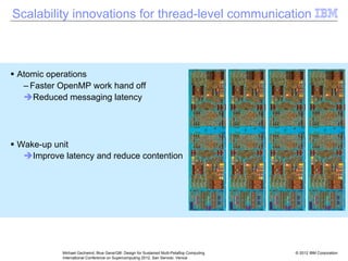 © 2012 IBM Corporation
Michael Gschwind, Blue Gene/Q®: Design for Sustained Multi-Petaflop Computing
International Conference on Supercomputing 2012, San Servolo, Venice
Scalability innovations for thread-level communication
ƒ Atomic operations
– Faster OpenMP work hand off
ÎReduced messaging latency
ƒ Wake-up unit
ÎImprove latency and reduce contention
 