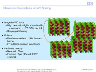 © 2012 IBM Corporation
Michael Gschwind, Blue Gene/Q®: Design for Sustained Multi-Petaflop Computing
International Conference on Supercomputing 2012, San Servolo, Venice
Interconnect Innovations for MPI Scaling
ƒ Integrated 5D torus
– High nearest neighbor bandwidth
• measured ~1.75 GB/s per link
– Simple partitioning
ƒ 10 links
– Hardware assisted collective and
barrier
– FP addition support in network
ƒ Hardware latency
– Nearest: 80ns
– Farthest: 3μs (96-rack 20PF
system)
 