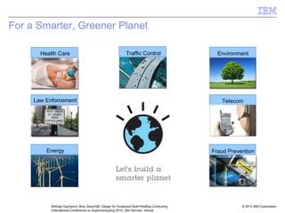 © 2012 IBM Corporation
Michael Gschwind, Blue Gene/Q®: Design for Sustained Multi-Petaflop Computing
International Conference on Supercomputing 2012, San Servolo, Venice
Fraud Prevention
Telecom
Environment
Law Enforcement
Health Care Traffic Control
For a Smarter, Greener Planet
Energy
 