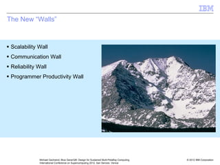 © 2012 IBM Corporation
Michael Gschwind, Blue Gene/Q®: Design for Sustained Multi-Petaflop Computing
International Conference on Supercomputing 2012, San Servolo, Venice
ƒ Holistic system-level optimization across
hardware and software
– From technology and circuits to
software
– Codesign of technologies for maximum
efficiency
ƒ Innovation across the entire value stack
ƒ Benefit from IBM’s system skills
– Experience in system tuning and
optimization
The New “Walls”
ƒ Scalability Wall
ƒ Communication Wall
ƒ Reliability Wall
ƒ Programmer Productivity Wall
 