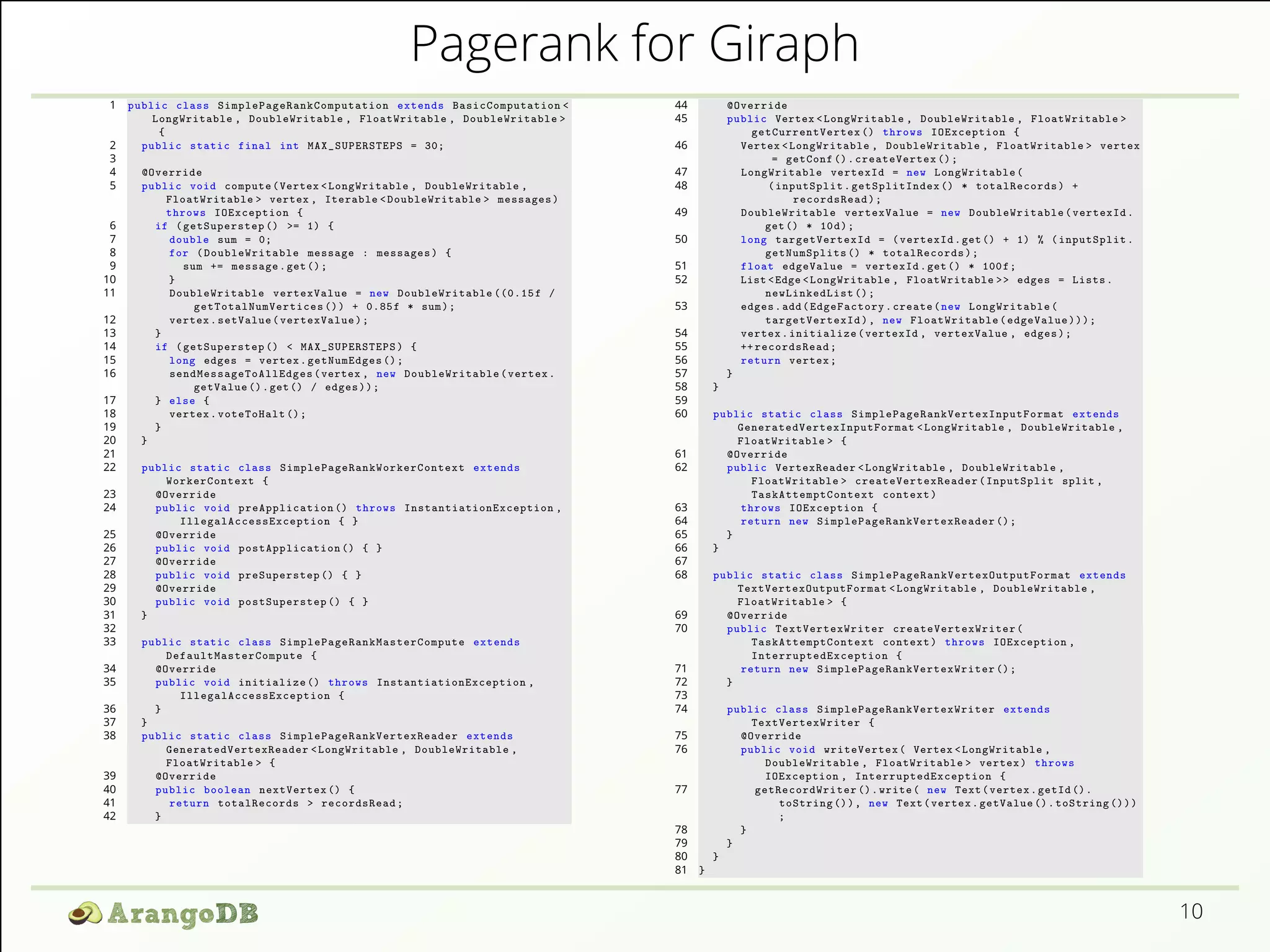 Pagerank for Giraph 
10 
1 public class SimplePageRankComputation extends BasicComputation < 
LongWritable , DoubleWritable , FloatWritable , DoubleWritable > 
{ 
2 public static final int MAX_SUPERSTEPS = 30; 
34 
@Override 
5 public void compute ( Vertex < LongWritable , DoubleWritable , 
FloatWritable > vertex , Iterable < DoubleWritable > messages ) 
throws IOException { 
6 if ( getSuperstep () >= 1) { 
7 double sum = 0; 
8 for ( DoubleWritable message : messages ) { 
9 sum += message .get (); 
10 } 
11 DoubleWritable vertexValue = new DoubleWritable ((0.15 f / 
getTotalNumVertices ()) + 0.85 f * sum ); 
12 vertex . setValue ( vertexValue ); 
13 } 
14 if ( getSuperstep () < MAX_SUPERSTEPS ) { 
15 long edges = vertex . getNumEdges (); 
16 sendMessageToAllEdges (vertex , new DoubleWritable ( vertex . 
getValue ().get () / edges )); 
17 } else { 
18 vertex . voteToHalt (); 
19 } 
20 } 
21 
22 public static class SimplePageRankWorkerContext extends 
WorkerContext { 
23 @Override 
24 public void preApplication () throws InstantiationException , 
IllegalAccessException { } 
25 @Override 
26 public void postApplication () { } 
27 @Override 
28 public void preSuperstep () { } 
29 @Override 
30 public void postSuperstep () { } 
31 } 
32 
33 public static class SimplePageRankMasterCompute extends 
DefaultMasterCompute { 
34 @Override 
35 public void initialize () throws InstantiationException , 
IllegalAccessException { 
36 } 
37 } 
38 public static class SimplePageRankVertexReader extends 
GeneratedVertexReader < LongWritable , DoubleWritable , 
FloatWritable > { 
39 @Override 
40 public boolean nextVertex () { 
41 return totalRecords > recordsRead ; 
42 } 
44 @Override 
45 public Vertex < LongWritable , DoubleWritable , FloatWritable > 
getCurrentVertex () throws IOException { 
46 Vertex < LongWritable , DoubleWritable , FloatWritable > vertex 
= getConf (). createVertex (); 
47 LongWritable vertexId = new LongWritable ( 
48 ( inputSplit . getSplitIndex () * totalRecords ) + 
recordsRead ); 
49 DoubleWritable vertexValue = new DoubleWritable ( vertexId . 
get () * 10d); 
50 long targetVertexId = ( vertexId .get () + 1) % ( inputSplit . 
getNumSplits () * totalRecords ); 
51 float edgeValue = vertexId . get () * 100 f; 
52 List <Edge < LongWritable , FloatWritable >> edges = Lists . 
newLinkedList (); 
53 edges .add ( EdgeFactory . create (new LongWritable ( 
targetVertexId ), new FloatWritable ( edgeValue ))); 
54 vertex . initialize ( vertexId , vertexValue , edges ); 
55 ++ recordsRead ; 
56 return vertex ; 
57 } 
58 } 
59 
60 public static class SimplePageRankVertexInputFormat extends 
GeneratedVertexInputFormat < LongWritable , DoubleWritable , 
FloatWritable > { 
61 @Override 
62 public VertexReader < LongWritable , DoubleWritable , 
FloatWritable > createVertexReader ( InputSplit split , 
TaskAttemptContext context ) 
63 throws IOException { 
64 return new SimplePageRankVertexReader (); 
65 } 
66 } 
67 
68 public static class SimplePageRankVertexOutputFormat extends 
TextVertexOutputFormat < LongWritable , DoubleWritable , 
FloatWritable > { 
69 @Override 
70 public TextVertexWriter createVertexWriter ( 
TaskAttemptContext context ) throws IOException , 
InterruptedException { 
71 return new SimplePageRankVertexWriter (); 
72 } 
73 
74 public class SimplePageRankVertexWriter extends 
TextVertexWriter { 
75 @Override 
76 public void writeVertex ( Vertex < LongWritable , 
DoubleWritable , FloatWritable > vertex ) throws 
IOException , InterruptedException { 
77 getRecordWriter (). write ( new Text ( vertex . getId (). 
toString ()), new Text ( vertex . getValue (). toString ())) 
; 
78 } 
79 } 
80 } 
81 } 
 