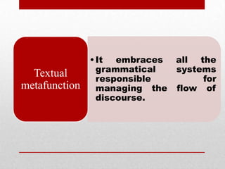 • It embraces    all the
                 grammatical    systems
  Textual        responsible         for
metafunction     managing the   flow of
                 discourse.
 