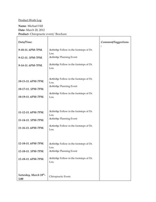 Product Work Log

Name- Michael Hill
Date- March 20, 2012
Product- Chiropractic event/ Brochure

Date/Time:                                                         Comment/Suggestions
                                                                   :
9-10-11. 6PM-7PM.       Activity: Follow in the footsteps of Dr.
                        Lou.
9-12-11. 5PM-7PM.       Activity: Planning Event


9-14-11. 6PM-7PM.       Activity: Follow in the footsteps of Dr.
                        Lou.



                        Activity: Follow in the footsteps of Dr.
10-15-11. 6PM-7PM.      Lou.
                        Activity: Planning Event
10-17-11. 5PM-7PM.
                        Activity: Follow in the footsteps of Dr.
10-19-11. 6PM-7PM.      Lou.




11-12-11. 6PM-7PM.      Activity: Follow in the footsteps of Dr.
                        Lou.
                        Activity: Planning Event
11-14-11. 5PM-7PM.
                        Activity: Follow in the footsteps of Dr.
11-16-11. 6PM-7PM.
                        Lou.




12-10-11. 6PM-7PM.      Activity: Follow in the footsteps of Dr.
                        Lou.
12-10-11. 5PM-7PM.      Activity: Planning Event


12-10-11. 6PM-7PM.      Activity: Follow in the footsteps of Dr.
                        Lou.




Saturday, March 10th-   Chiropractic Event.
5:00
 