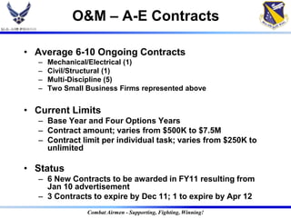 O&M – A-E Contracts

• Average 6-10 Ongoing Contracts
   –   Mechanical/Electrical (1)
   –   Civil/Structural (1)
   –   Multi-Discipline (5)
   –   Two Small Business Firms represented above


• Current Limits
   – Base Year and Four Options Years
   – Contract amount; varies from $500K to $7.5M
   – Contract limit per individual task; varies from $250K to
     unlimited

• Status
   – 6 New Contracts to be awarded in FY11 resulting from
     Jan 10 advertisement
   – 3 Contracts to expire by Dec 11; 1 to expire by Apr 12
                 Combat Airmen - Supporting, Fighting, Winning!
 