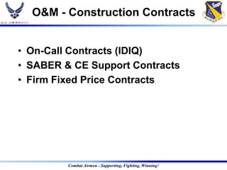 O&M - Construction Contracts


• On-Call Contracts (IDIQ)
• SABER & CE Support Contracts
• Firm Fixed Price Contracts




         Combat Airmen - Supporting, Fighting, Winning!
 