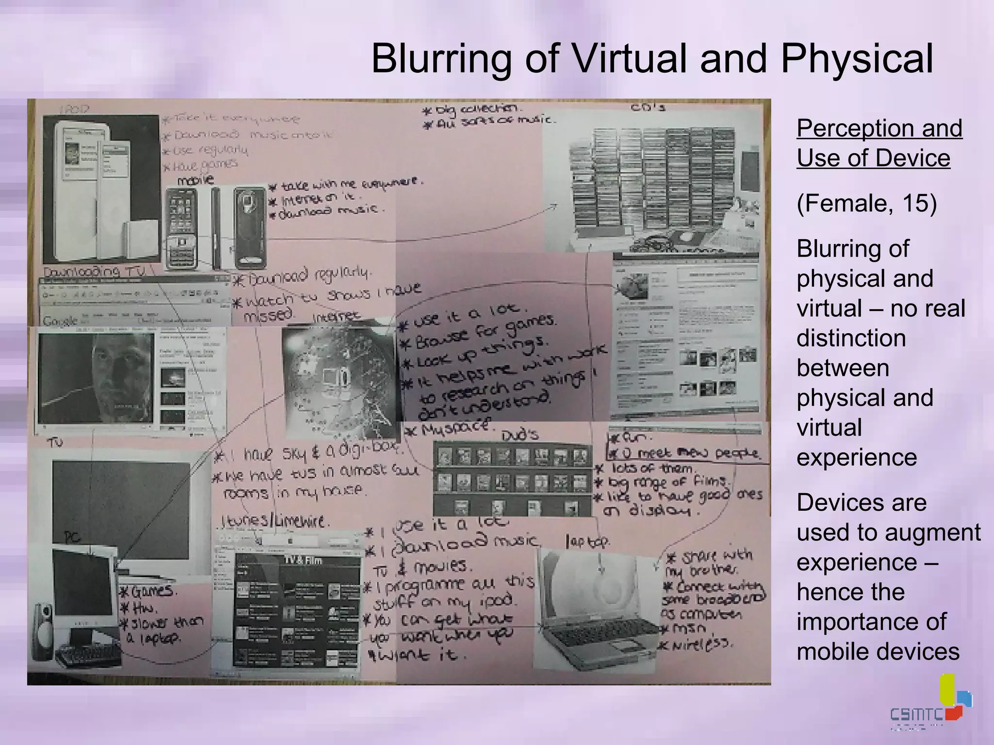 Blurring of Virtual and Physical Perception and Use of Device (Female, 15) Blurring of physical and virtual – no real distinction between physical and virtual experience Devices are used to augment experience – hence the importance of mobile devices 