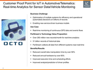 Customer Proof Point for IoT in Automotive/Telematics:
Real-time Analytics for Sensor Data/Vehicle Monitoring
20
Business Challenge
 Optimization of multiple systems for efficiency and operational
(automated) decisions on billions of records
 Enabling new service-driven business models
Use Case
 Real-time monitoring of continuous GPS data and events flows
ParStream‘s Technology Value Proposition
 Over 260 million new records/month for real-time analytics
 31 billion records of historical data
 ParStream collects all data from different systems near-real-time
Benefits/Results
 Reduced overall data manipulation time by over 90%
 Reduced annual hardware by over 60%
 Improved execution time and scheduling efforts
 Improved analysis/prediction of driver profiles
Traction
 