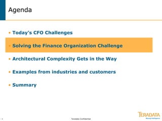 Teradata Confidential0 >
Agenda
• Today’s CFO Challenges
• Solving the Finance Organization Challenge
• Architectural Complexity Gets in the Way
• Examples from industries and customers
• Summary
 