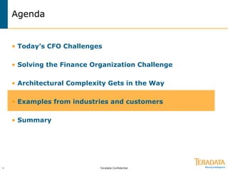 Teradata Confidential7 >
Agenda
• Today’s CFO Challenges
• Solving the Finance Organization Challenge
• Architectural Complexity Gets in the Way
• Examples from industries and customers
• Summary
 