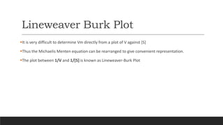 Lineweaver Burk Plot
It is very difficult to determine Vm directly from a plot of V against [S]
Thus the Michaelis Menten equation can be rearranged to give convenient representation.
The plot between 1/V and 1/[S] is known as Lineweaver-Burk Plot
 