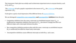 The Lineweaver–Burk plot was widely used to determine important terms in enzyme kinetics, such
as Km and Vmax.
The y-intercept of such a graph is equivalent to the inverse of Vmax; the x-intercept of the graph
represents 1/Km.
It also gives a quick, visual impression of the different forms of enzyme inhibition.
We can distinguish competitive, non-competitive and uncompetitive inhibitors from this plot.
• Competitive inhibitors have the same y-intercept as uninhibited enzyme (since Vmax is
unaffected by competitive inhibitors the inverse of Vmax also doesn't change) but there are
different slopes and x-intercepts between the plots.
• Non-competitive inhibition produces plots with the same x-intercept as uninhibited enzyme
(Km is unaffected) but different slopes and y-intercepts.
• Uncompetitive inhibition causes different intercepts on both the y- and x-axes .
 