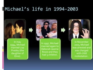 Michael’s life in 1994-2003




    In may                           In November
                 In 1997, Michael
 1994, Michael                       2003, Michael
                 married again to
  married Lisa                      was arrested and
                 Deborah Jeanne
  Presley (the                        was charged
                  Rowe and they
  daughter of                          with child
                  had 3 children.
     Elvis).                         molestation .
 