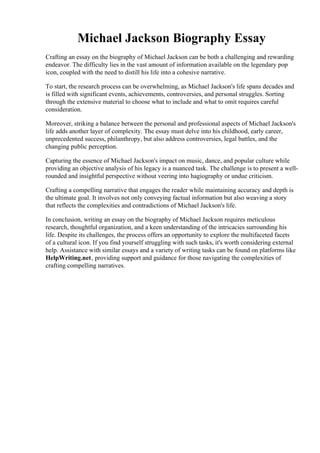 Michael Jackson Biography Essay. Michael Jackson and the Creation