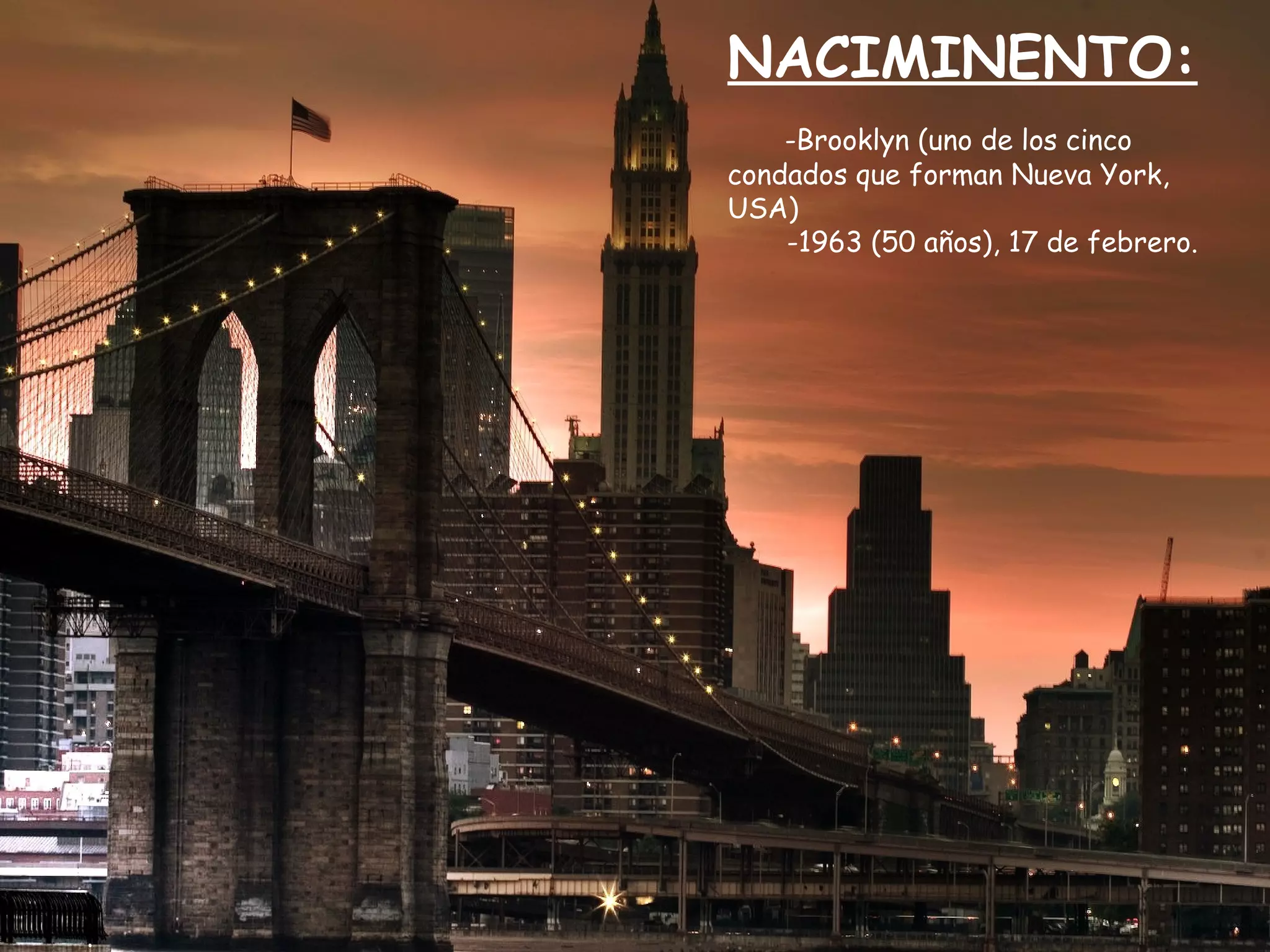 NACIMINENTO:
-Brooklyn (uno de los cinco
condados que forman Nueva York,
USA)
-1963 (50 años), 17 de febrero.
 