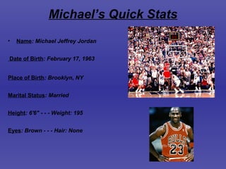 Michael’s Quick Stats
• Name: Michael Jeffrey Jordan
Date of Birth: February 17, 1963
Place of Birth: Brooklyn, NY
Marital Status: Married
Height: 6'6" - - - Weight: 195
Eyes: Brown - - - Hair: None
 
