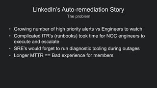 The problem
LinkedIn’s Auto-remediation Story
• Growing number of high priority alerts vs Engineers to watch
• Complicated ITR’s (runbooks) took time for NOC engineers to
execute and escalate
• SRE’s would forget to run diagnostic tooling during outages
• Longer MTTR == Bad experience for members
 