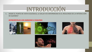 INTRODUCCIÓN
1. DESDE EL PUNTO DE VISTA ECOLÓGICO, LA SALUD Y/O ENFERMEDAD ES EL RESULTADO DE LA INTERACCIÓN
DE QUIENES?
REPRESÉNTELOS CON IMÁGENES O ESQUEMA
 