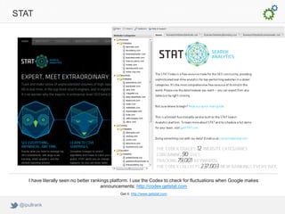 STAT




     I have literally seen no better rankings platform. I use the Codex to check for fluctuations when Google makes
                                         announcements: http://codex.getstat.com
                                                Get it: http://www.getstat.com


 @ipullrank
 
