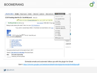 BOOMERANG




                      Schedule emails and automatic follow ups with this plugin for Gmail
              Get it: https://chrome.google.com/webstore/detail/mdanidgdpmkimeiiojknlnekblgmpdll


 @ipullrank
 